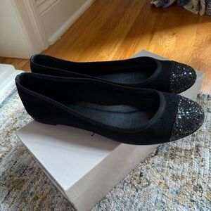 JCrew black suede ballet flats with tonal black glitter toe detail.